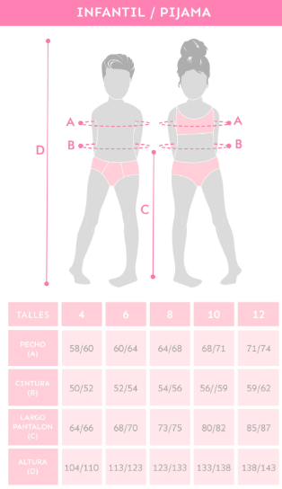 Tabla de talles Infantil / Pijama: pecho, cintura, largo de pantalón y altura por talle (4 a 12)