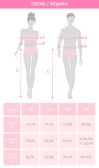 Tabla de talles Teens / Pijama: pecho, cintura y largo de pantalón por talle (12 a 18)